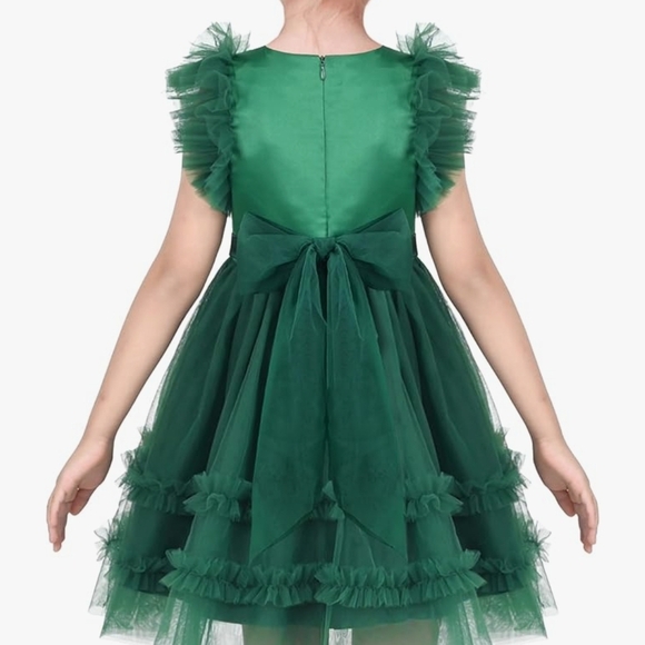 Festive Green Kids Dress with Pom-Poms - Picture 2 of 3